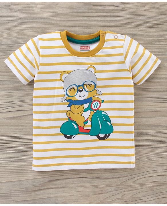 Babyhug Half Sleeve Striped T-Shirt And Knee Length Shorts Bear Print - Yellow Blue