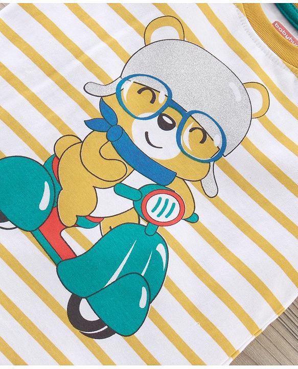 Babyhug Half Sleeve Striped T-Shirt And Knee Length Shorts Bear Print - Yellow Blue