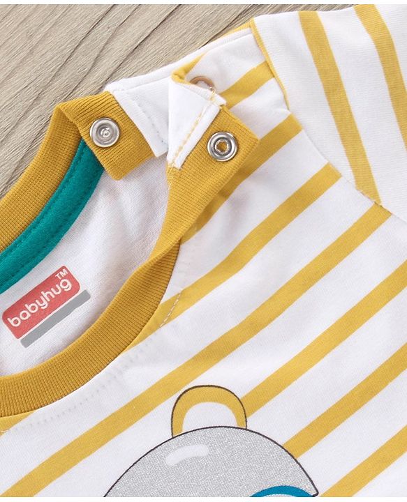 Babyhug Half Sleeve Striped T-Shirt And Knee Length Shorts Bear Print - Yellow Blue