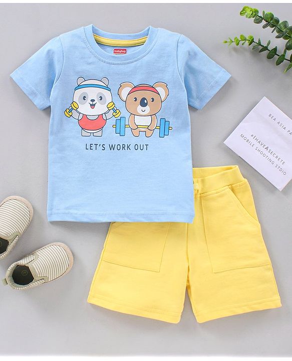 Babyhug Half Sleeves T Shirt with Shorts Bear Print - Blue Yellow