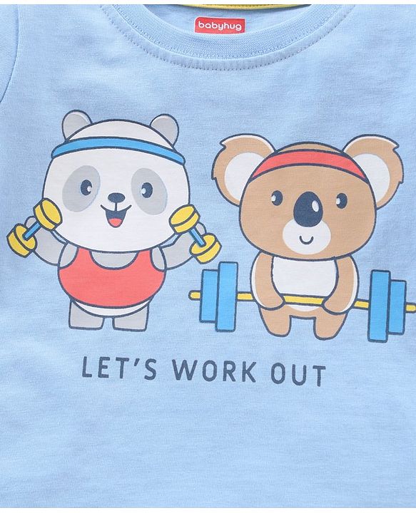 Babyhug Half Sleeves T Shirt with Shorts Bear Print - Blue Yellow