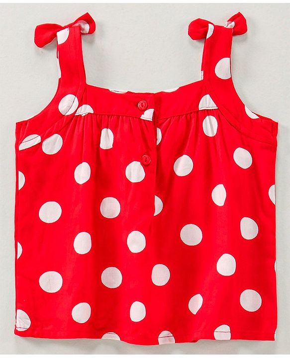 Babyhug Singlet Sleeves Top Polka Dot Print With Bow - Red White