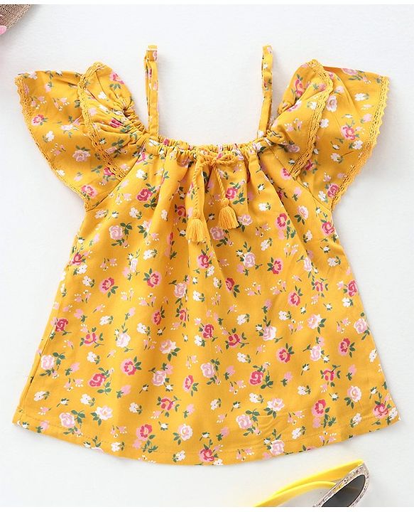 Babyhug Cold Shoulder Top with Frill Detailing Floral Print - Mustard