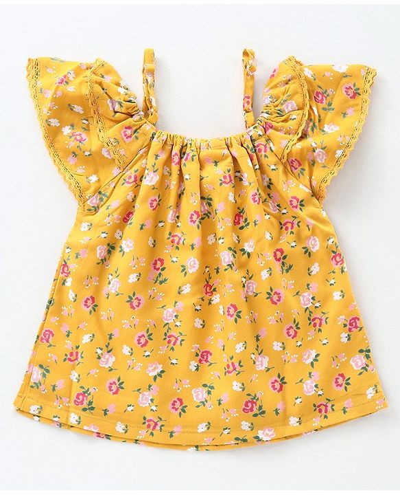 Babyhug Cold Shoulder Top with Frill Detailing Floral Print - Mustard