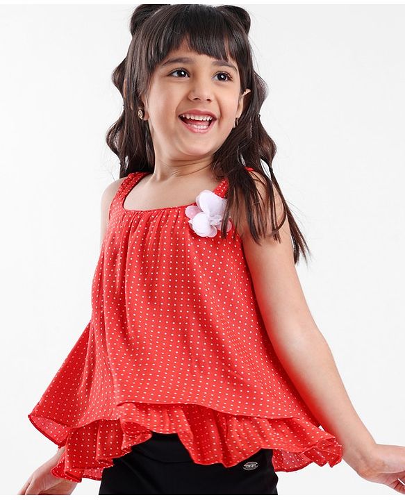 Babyhug Singlet Sleeve Top With Corsage Applique Polka Dots Print - Red