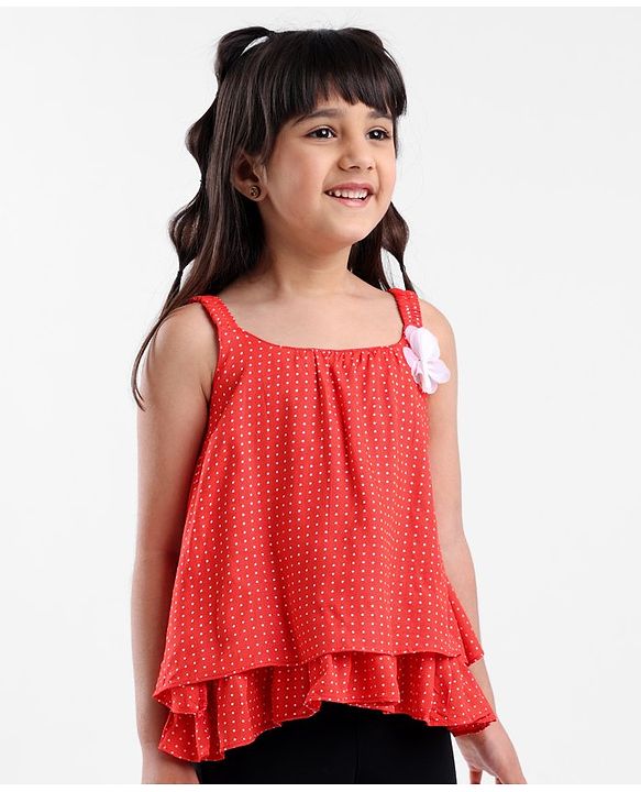 Babyhug Singlet Sleeve Top With Corsage Applique Polka Dots Print - Red