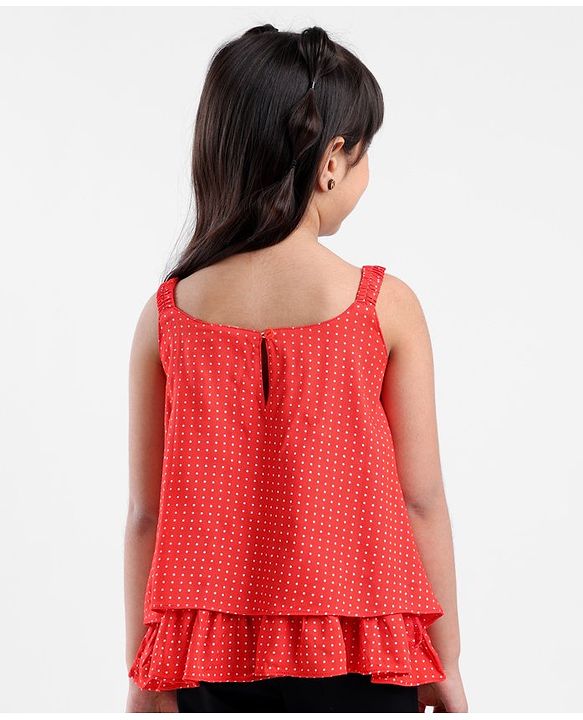 Babyhug Singlet Sleeve Top With Corsage Applique Polka Dots Print - Red
