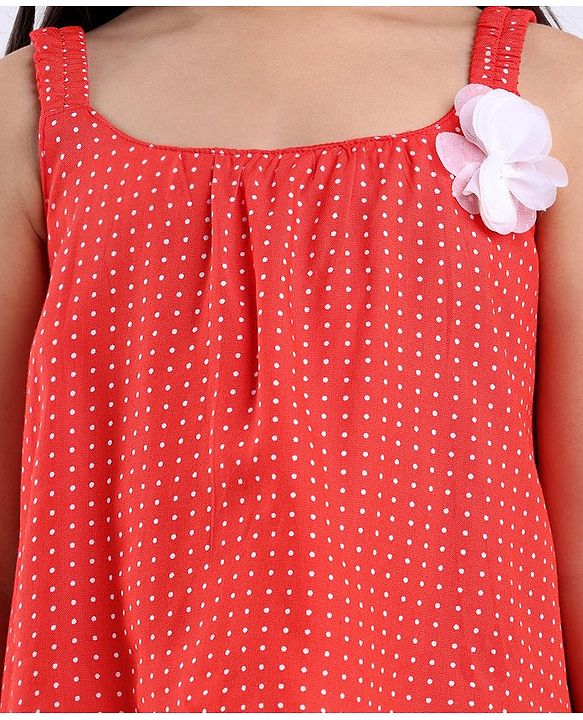 Babyhug Singlet Sleeve Top With Corsage Applique Polka Dots Print - Red