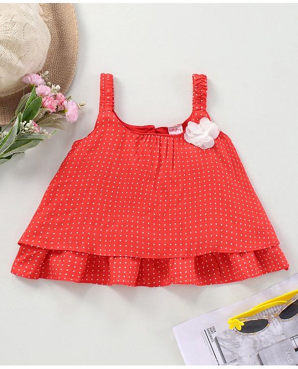 Babyhug Singlet Sleeve Top With Corsage Applique Polka Dots Print - Red