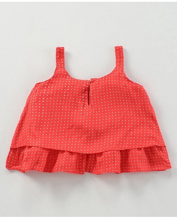 Babyhug Singlet Sleeve Top With Corsage Applique Polka Dots Print - Red