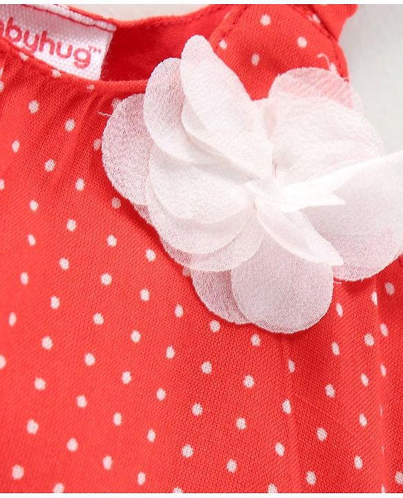 Babyhug Singlet Sleeve Top With Corsage Applique Polka Dots Print - Red