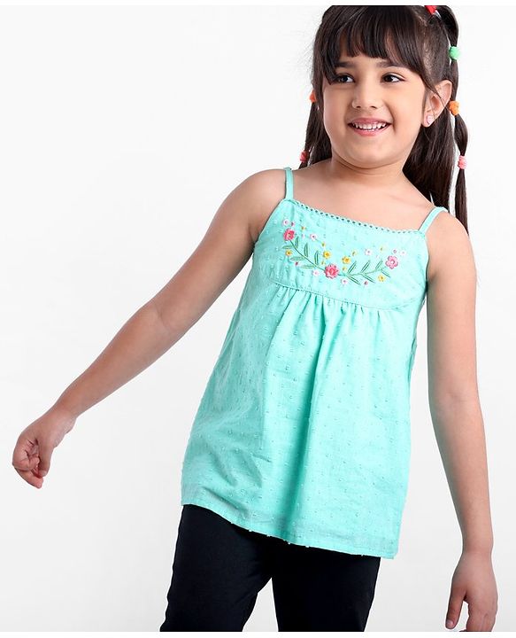 Babyhug Swiss Dot Singlet Top with Floral Embroidery & Lace Detailing - Aqua Blue