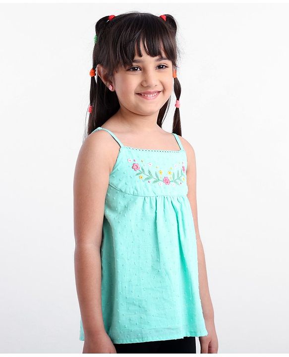 Babyhug Swiss Dot Singlet Top with Floral Embroidery & Lace Detailing - Aqua Blue
