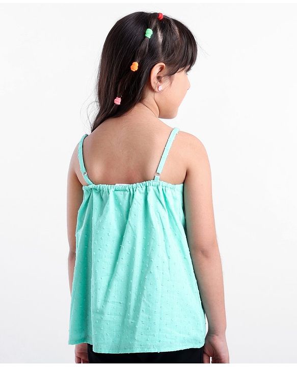 Babyhug Swiss Dot Singlet Top with Floral Embroidery & Lace Detailing - Aqua Blue