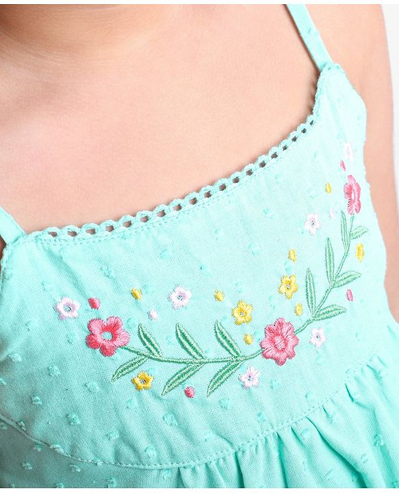 Babyhug Swiss Dot Singlet Top with Floral Embroidery & Lace Detailing - Aqua Blue