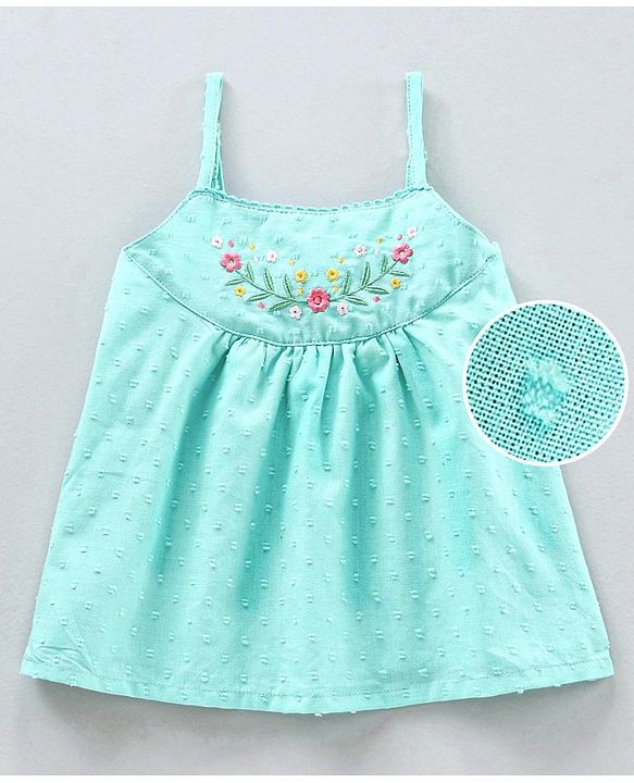 Babyhug Swiss Dot Singlet Top with Floral Embroidery & Lace Detailing - Aqua Blue