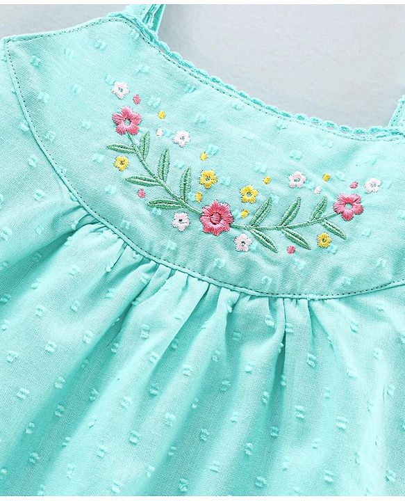 Babyhug Swiss Dot Singlet Top with Floral Embroidery & Lace Detailing - Aqua Blue