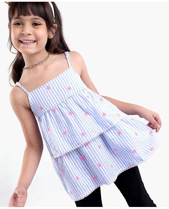 Babyhug Singlet Sleeves Striped Top With Embroidery- Blue