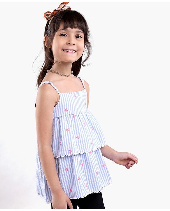 Babyhug Singlet Sleeves Striped Top With Embroidery- Blue