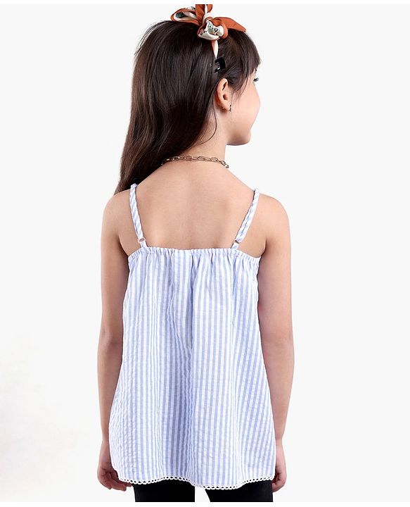 Babyhug Singlet Sleeves Striped Top With Embroidery- Blue