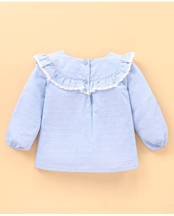 Babyhug Full Sleeves Cotton Textured Dobby Top With Lace & Frill Detailing- Blue