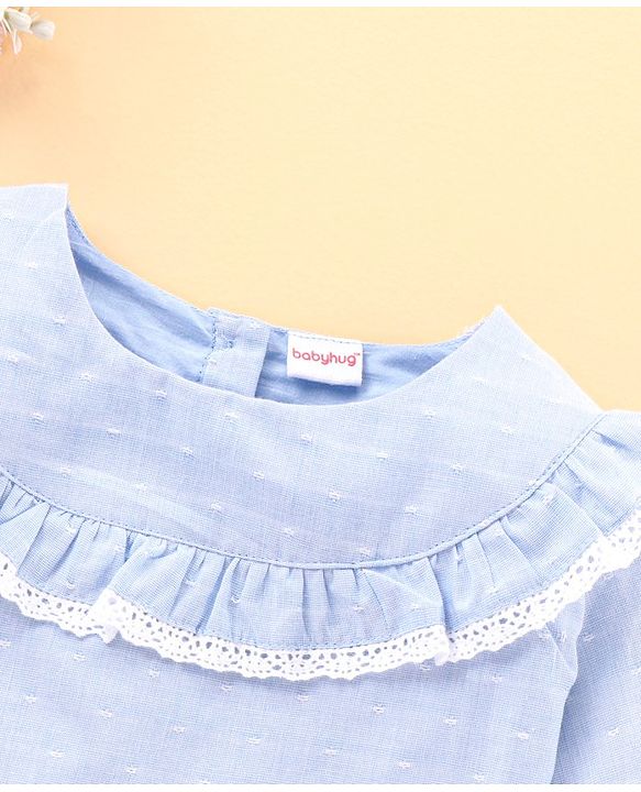 Babyhug Full Sleeves Cotton Textured Dobby Top With Lace & Frill Detailing- Blue