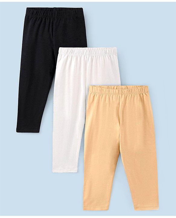 Pine Kids Ankle Length Biowashed Solid Leggings Pack Of 3 - Cream White Black