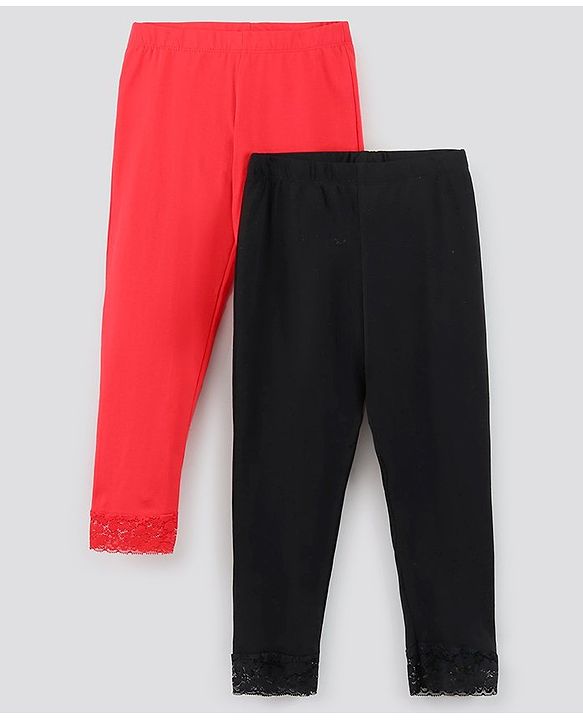 Pine Kids Ankle Length Biowashed Solid Leggings With Lace Detailing Pack Of 2 - Red Black