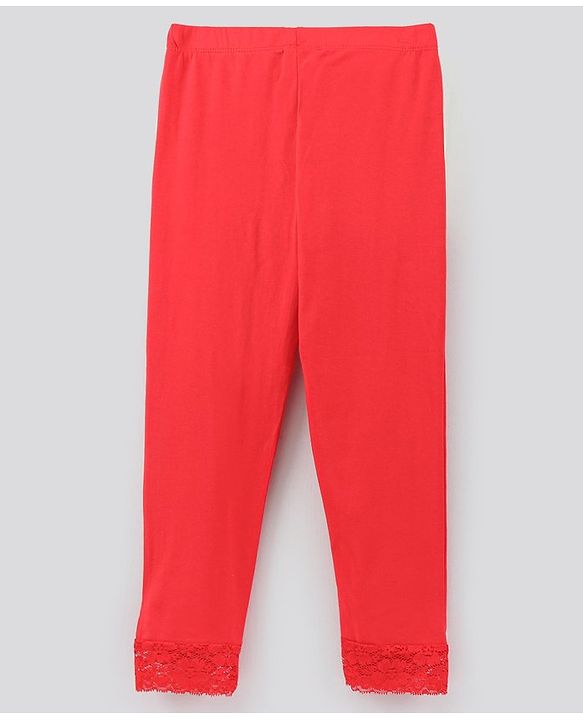 Pine Kids Ankle Length Biowashed Solid Leggings With Lace Detailing Pack Of 2 - Red Black