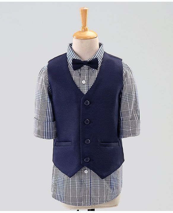 Pine Kids 3 Piece Full Sleeves Party Suit With Bow - Navy