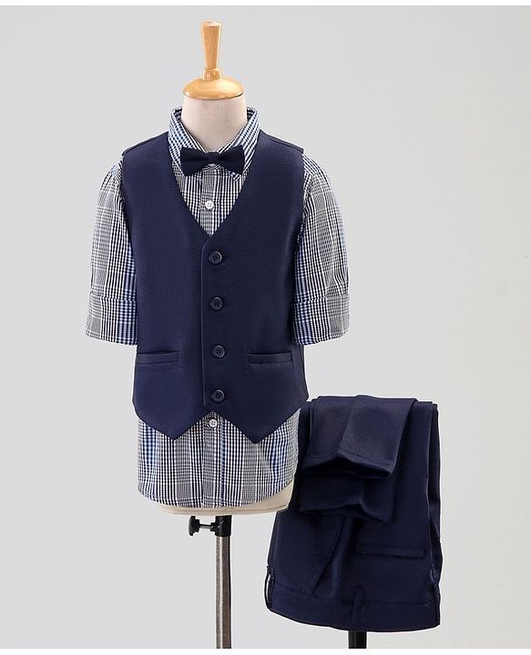 Pine Kids 3 Piece Full Sleeves Party Suit With Bow - Navy