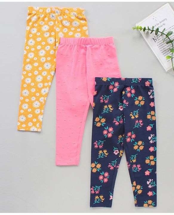 Babyhug Knit Full Length Leggings Floral Print Pack of 3 - Pink Blue Yellow