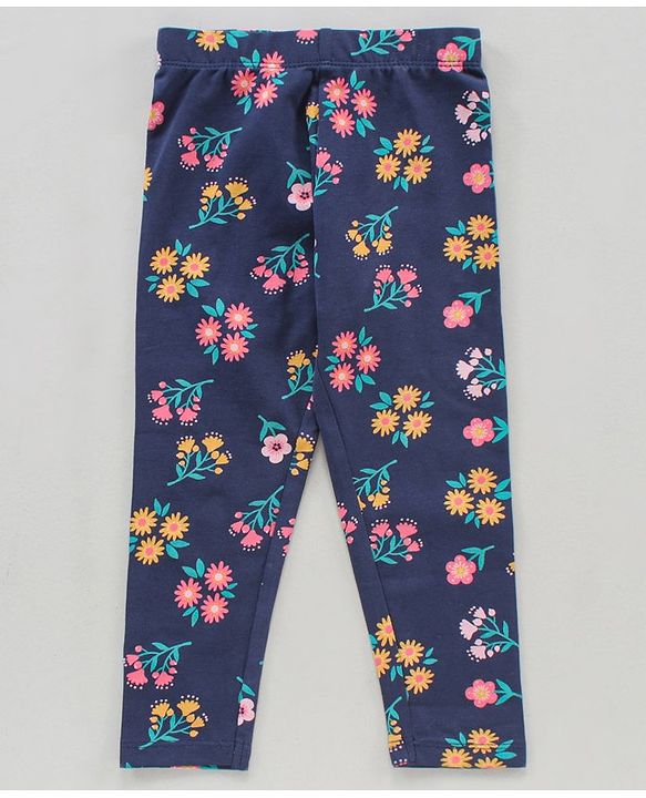 Babyhug Knit Full Length Leggings Floral Print Pack of 3 - Pink Blue Yellow