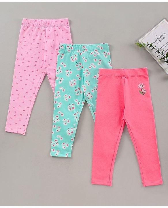 Babyhug Full Length Leggings Pack of 3 Floral Print - Pink Green