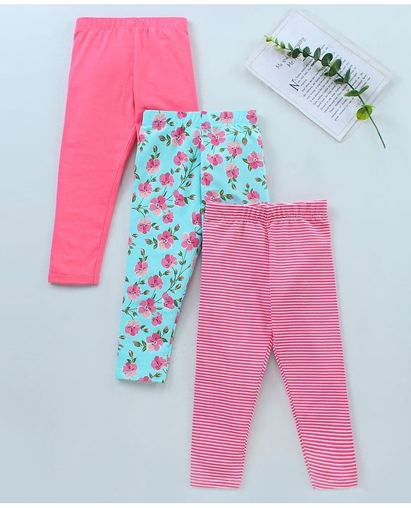 Babyhug Full Length Cotton Leggings Printed and Solid Pack of 3- Multicolor