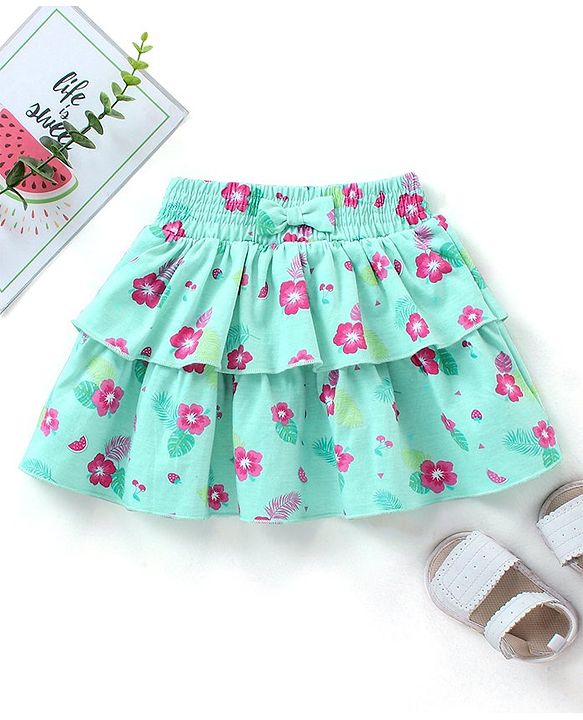 Babyhug Mid Thigh Layered Skirt Floral Print & Bow Applique - Sky Blue