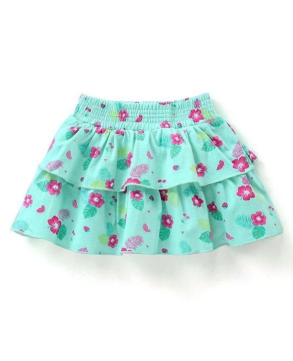 Babyhug Mid Thigh Layered Skirt Floral Print & Bow Applique - Sky Blue