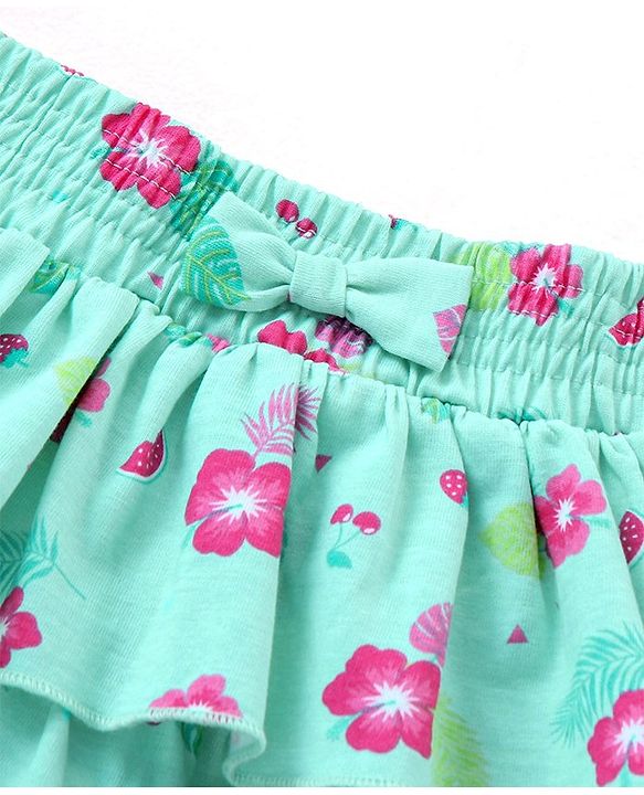 Babyhug Mid Thigh Layered Skirt Floral Print & Bow Applique - Sky Blue