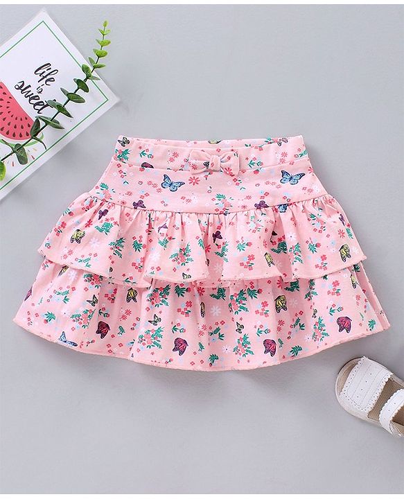 Babyhug Mid Thigh Layered Skirt Floral Print & Bow Applique - Pink