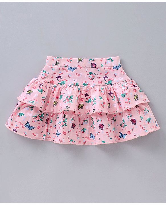 Babyhug Mid Thigh Layered Skirt Floral Print & Bow Applique - Pink