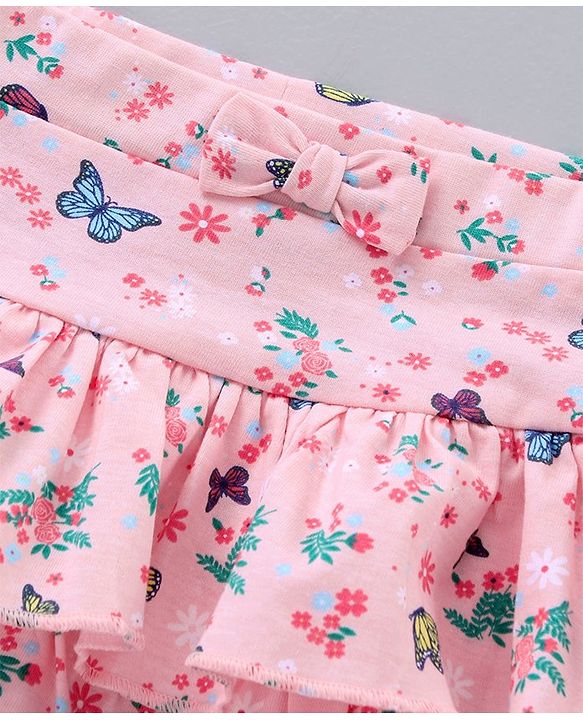 Babyhug Mid Thigh Layered Skirt Floral Print & Bow Applique - Pink