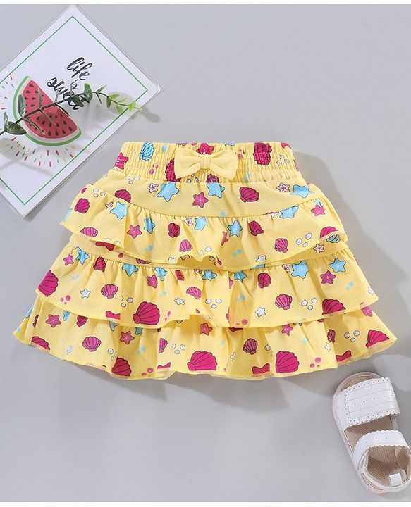 Babyhug Knee Length Frilled Cotton Skirt Star Print With Bow Applique - Yellow