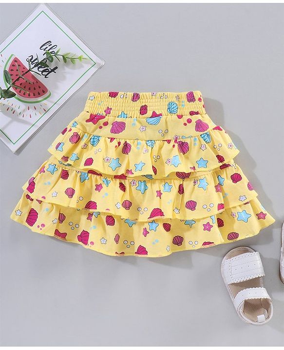 Babyhug Knee Length Frilled Cotton Skirt Star Print With Bow Applique - Yellow