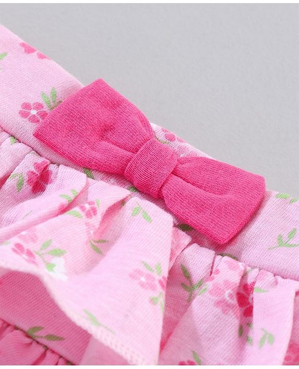 Babyhug Knee Length Frilled Cotton Skirt Floral Print With Bow Applique - Pink