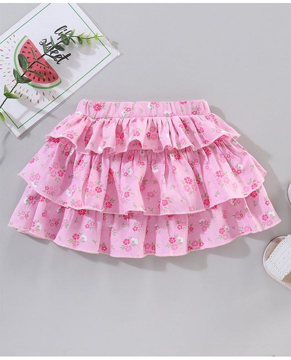 Babyhug Knee Length Frilled Cotton Skirt Floral Print With Bow Applique - Pink