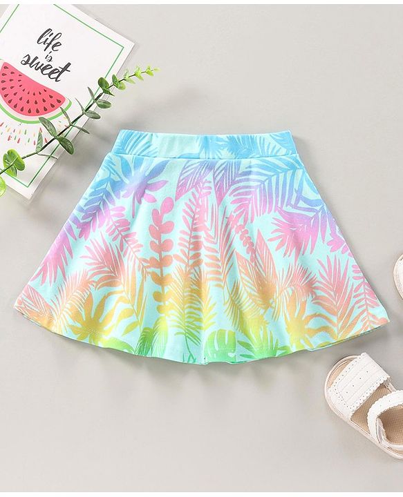 Babyhug Knit Knee Length Flared Skirt Leaves Print - Blue