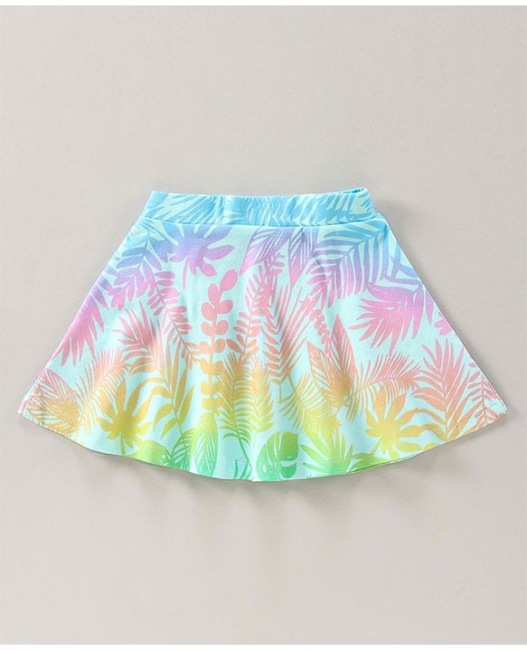 Babyhug Knit Knee Length Flared Skirt Leaves Print - Blue