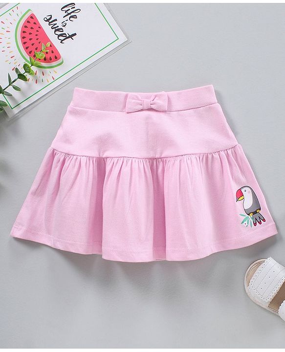 Babyhug Knee Length Tiered Skirt with Bow Toucan Print - Pink