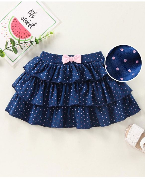 Babyhug Knit Knee Length Layered Skirt Polka Dots Print - Navy Blue