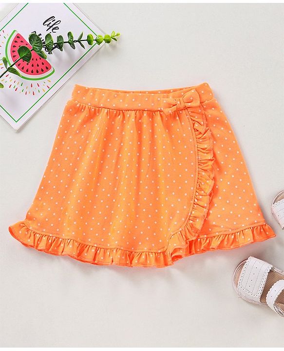 Babyhug Knee Length Skirt Polka Print & Bow Applique - Orange